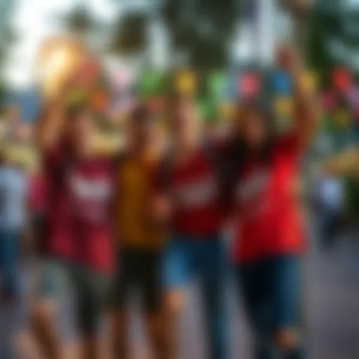 A group of friends celebrating while wearing colorful Throawaylien shirts in a festive outdoor setting.