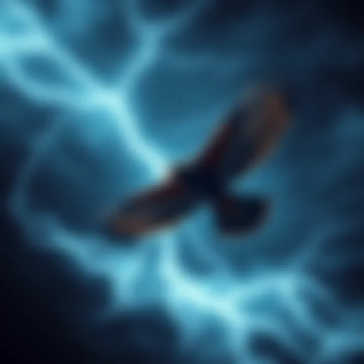A thunderbird soaring through a dark stormy sky with lightning flashing.