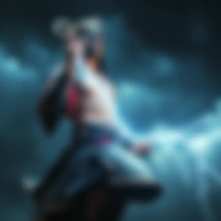 A powerful figure representing a thunder god, holding a lightning bolt against a stormy sky.