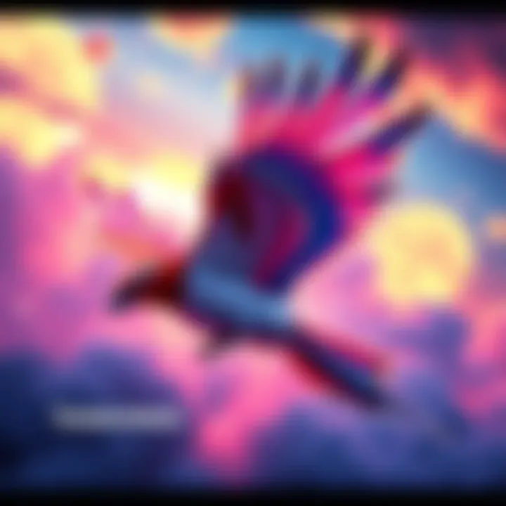 A vibrant Thunderbird soaring through a colorful sky, showcasing artistic details and imaginative features.