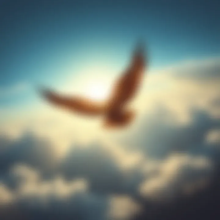 A large Thunderbird soaring through the clouds, showcasing its impressive wingspan and strong presence in the sky.