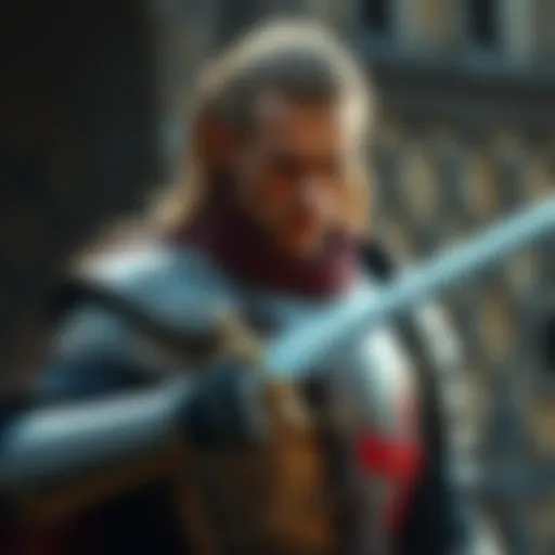 A depiction of Þunor dressed in armor typical of a 14th century English knight, wielding a sword with a determined look on his face, set against a medieval backdrop.