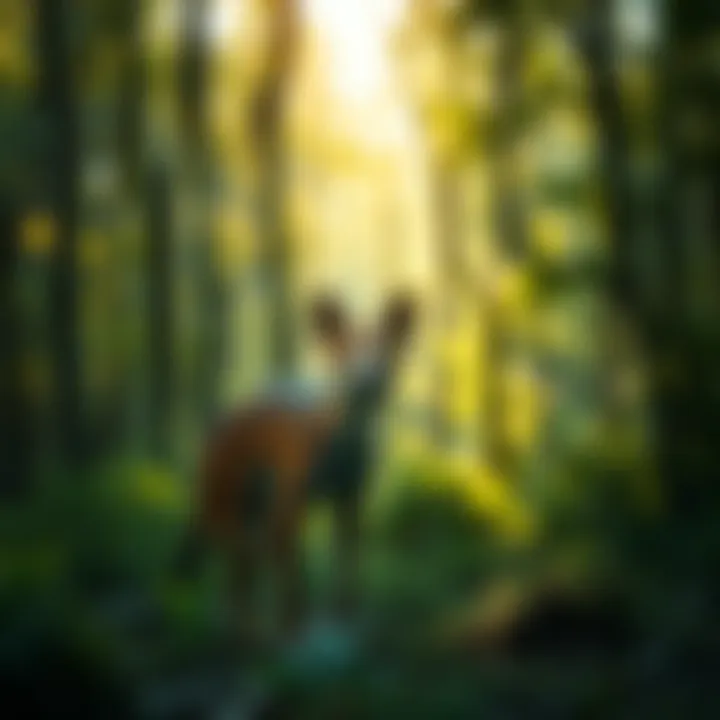 A thylacine standing in a lush green forest, looking curiously ahead, with sunlight filtering through the trees