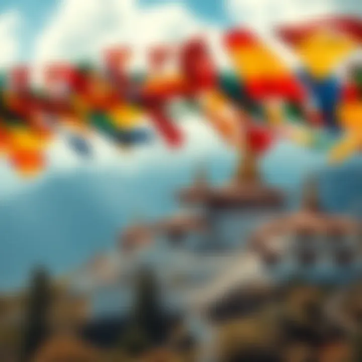 A vibrant depiction of a Tibetan monastery with prayer flags, representing the four lineages of Tibetan Buddhism, including Mingyur Rinpoche's Tergar tradition.