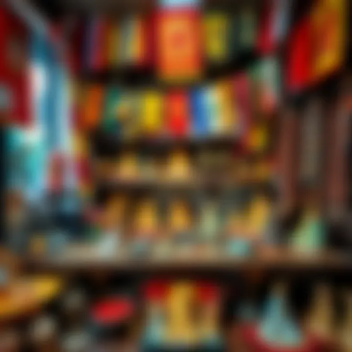 An array of second-hand Tibetan Buddhist items displayed in a cozy shop, featuring prayer flags, mala beads, and statues.