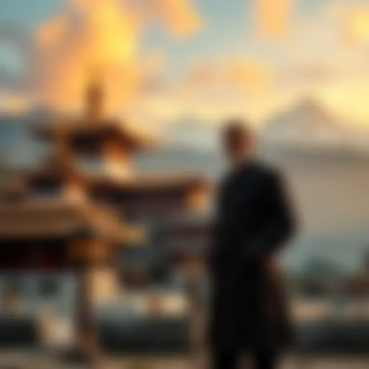 A. David-Neel standing outside a Tibetan Buddhist monastery in 1929, surrounded by mountains and traditional architecture.
