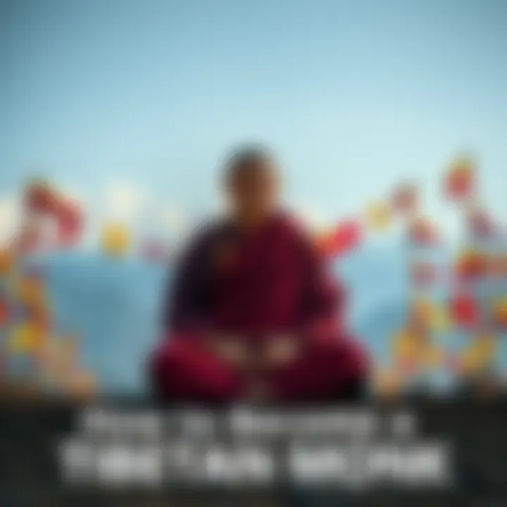 Tibetan monk meditating A Tibetan monk in traditional robes sitting in meditation, surrounded by prayer flags and mountains