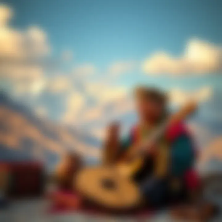 A Tibetan musician performing with a traditional instrument against a scenic backdrop of the Himalayas, showcasing the essence of Tibetan culture.
