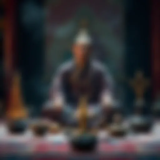 A Tibetan oracle in traditional attire sits cross-legged, surrounded by ritual items, as they channel a deity during a ceremony.