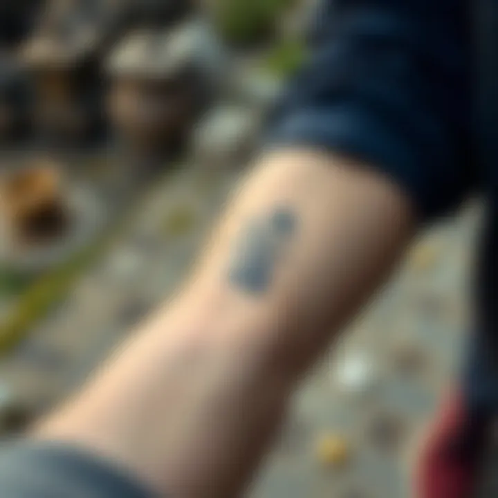 A close-up of a person's arm showing a tattoo in Tibetan script, representing the name Karma Tshulzang, with a peaceful background.