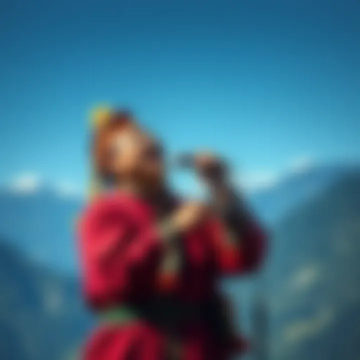 Tibetan throat singer performing A Tibetan throat singer in traditional attire, creating deep resonant sounds while surrounded by mountainous scenery