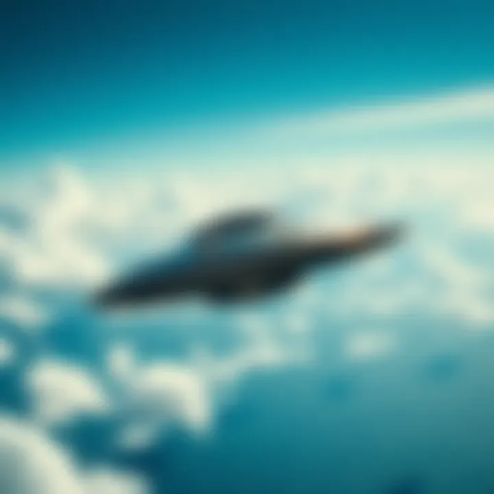 A Tic Tac-shaped UFO flying over the ocean, surrounded by clouds, with a bright blue sky in the background.