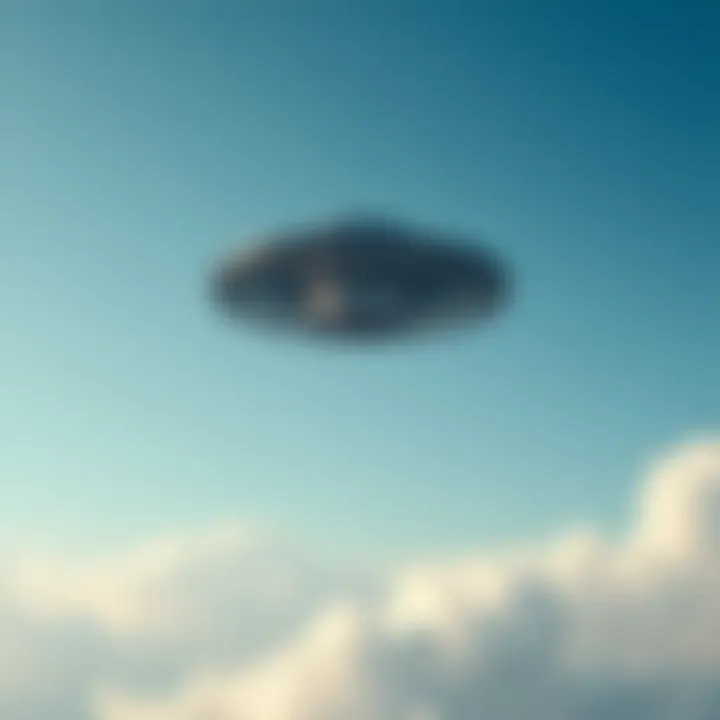 A Tic Tac-shaped UFO hovering in a clear blue sky with clouds around it