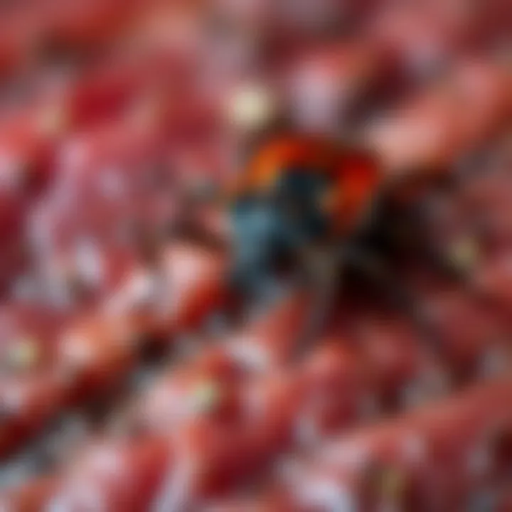 A close-up of a tick on a piece of red meat, highlighting concerns about allergies.