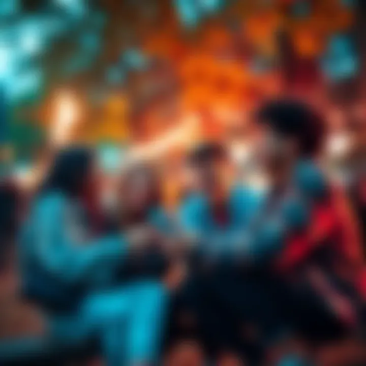 TikTok Fun A vibrant scene of a group of friends laughing and creating TikTok videos in a park.