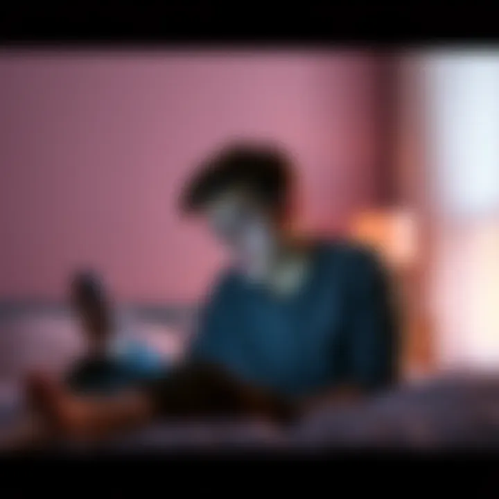 TikTok user reflecting on self-image A young person sits on their bed looking at their phone, expressing concern about their appearance after posting a TikTok video, with a thoughtful expression on their face.