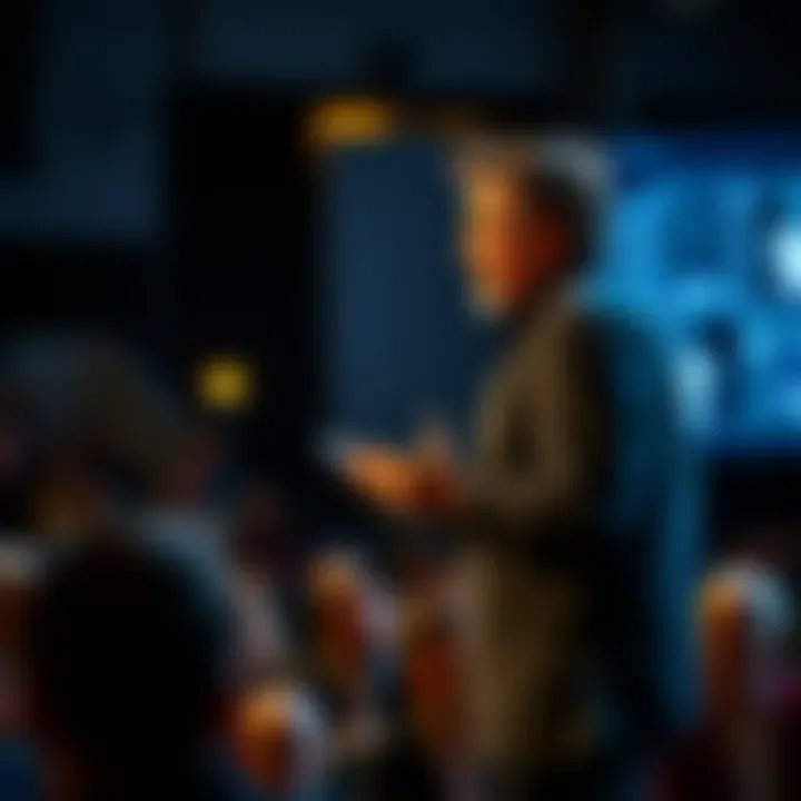 Comedian Tim Dillon stands on stage, passionately discussing society's shift toward technology and data, with a focused audience in the background.