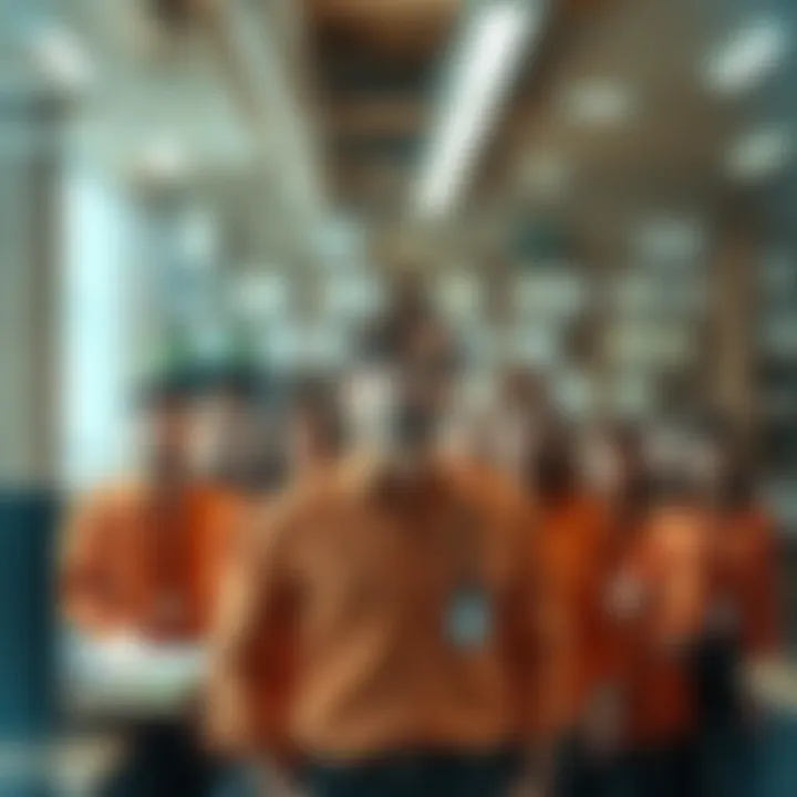 A timber office filled with similar-looking staff members dressed in work attire, displaying a strange atmosphere and a curious boss overseeing them.