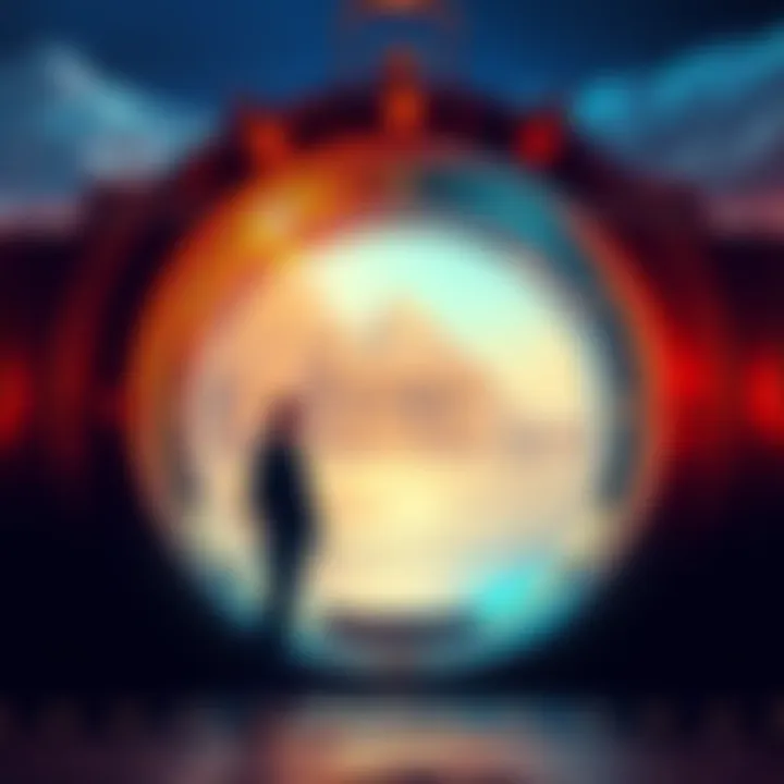 A person standing in front of a time machine with ancient Egypt depicted in the background.