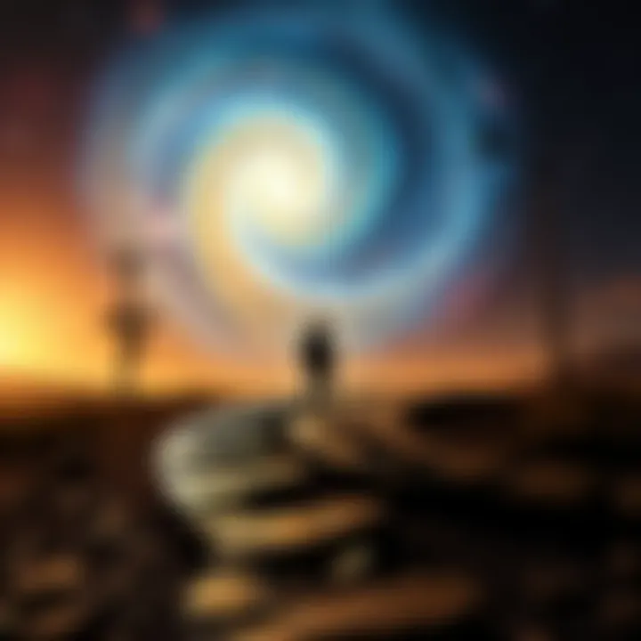 A person standing at a crossroads, contemplating different paths symbolizing choices and alternate outcomes in life, with a swirling galaxy background representing time and space.