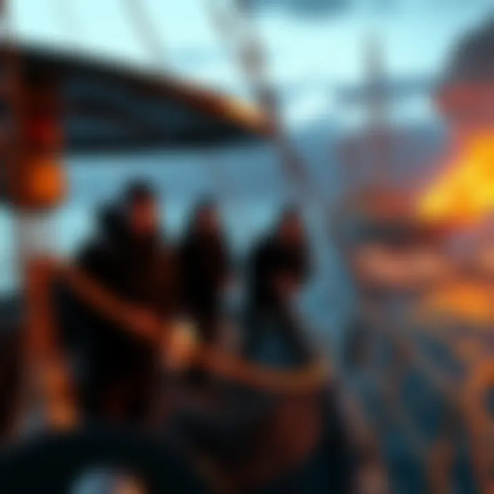 The Time Bandit crew enjoying a calm day on their boat, smiling and working together, contrasting with a chaotic scene on another ship.