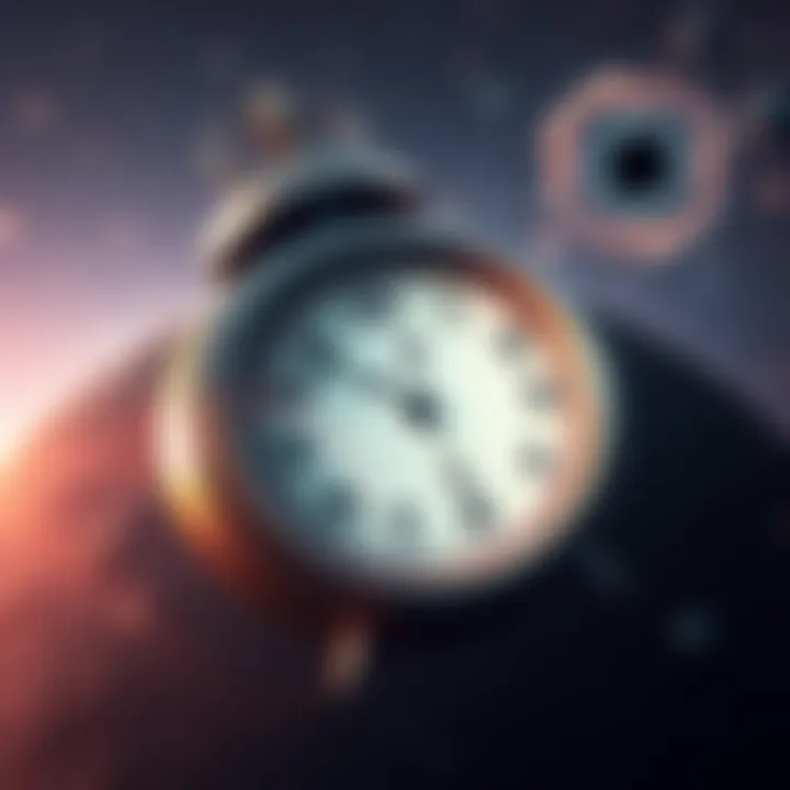 A visual representation of time manipulation, showing a clock distorted in space with stars and a black hole in the background.