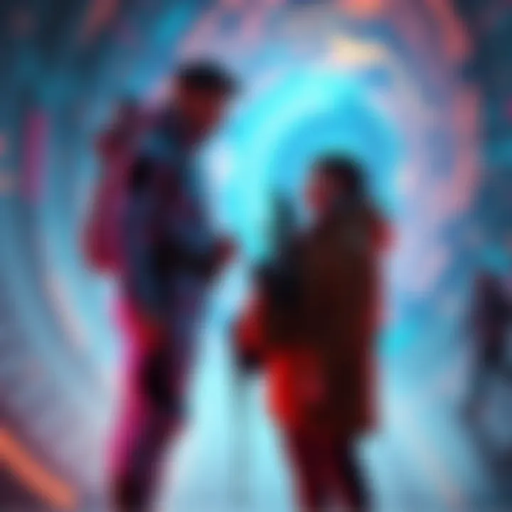 A person in futuristic clothing speaking with a younger version of themselves, set against a swirling backdrop representing time travel.