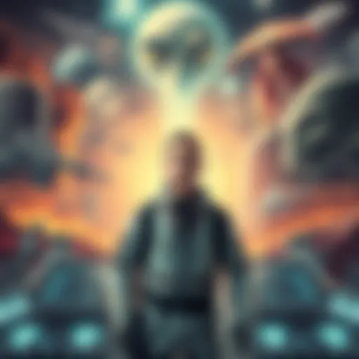 A man stands in futuristic clothing, surrounded by images of advanced technology, war scenes, and aliens, representing his time travel experience to the year 2118.