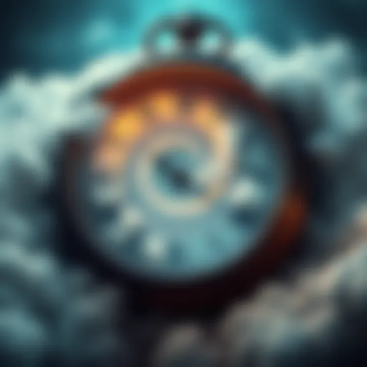 A clock with swirling timelines and distorted memories represented as clouds around it