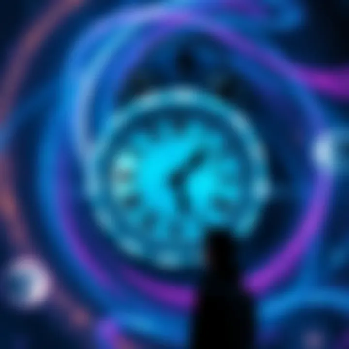A clock with swirling galaxies around it, symbolizing the idea of time travel, with a person looking curiously at it.