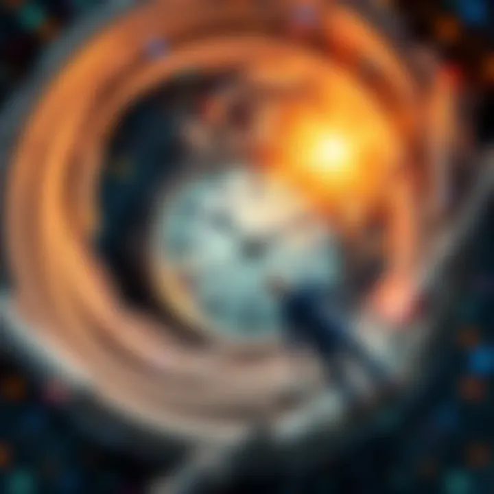 A clock with swirling time vortex and figures traveling through time