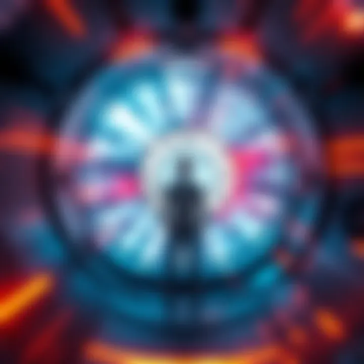 A person stands in a futuristic time machine with swirling lights, looking at a clock showing different times.