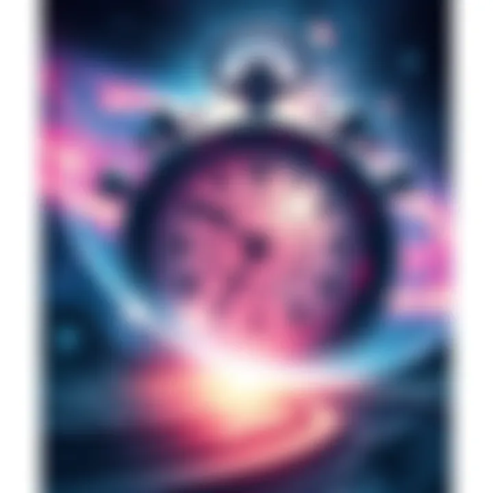 An illustration showing a clock blending into a cosmic scene, representing the idea of traveling through time