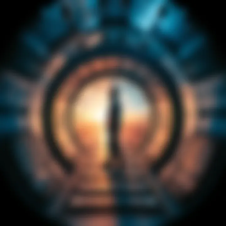 A person stands in a time machine, contemplating a split timeline. In one path, a younger version of their grandfather is visible, while the other path shows a future scenario without him. The scene emphasizes the conflict of time travel.