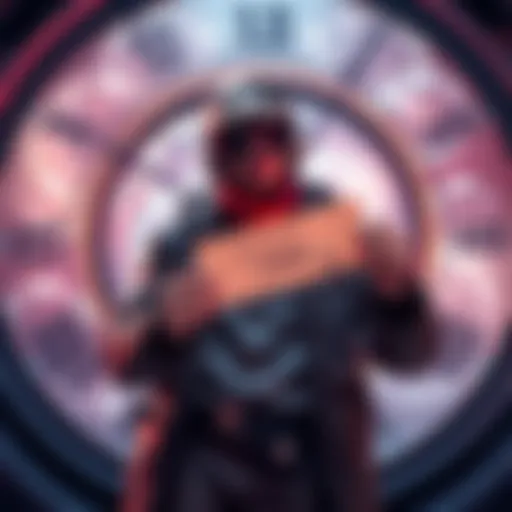 A person dressed in futuristic clothing, holding a winning lottery ticket, standing in front of a clock with swirling time graphics, symbolizing time travel and wealth.