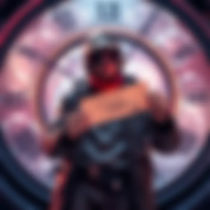 A person dressed in futuristic clothing, holding a winning lottery ticket, standing in front of a clock with swirling time graphics, symbolizing time travel and wealth.
