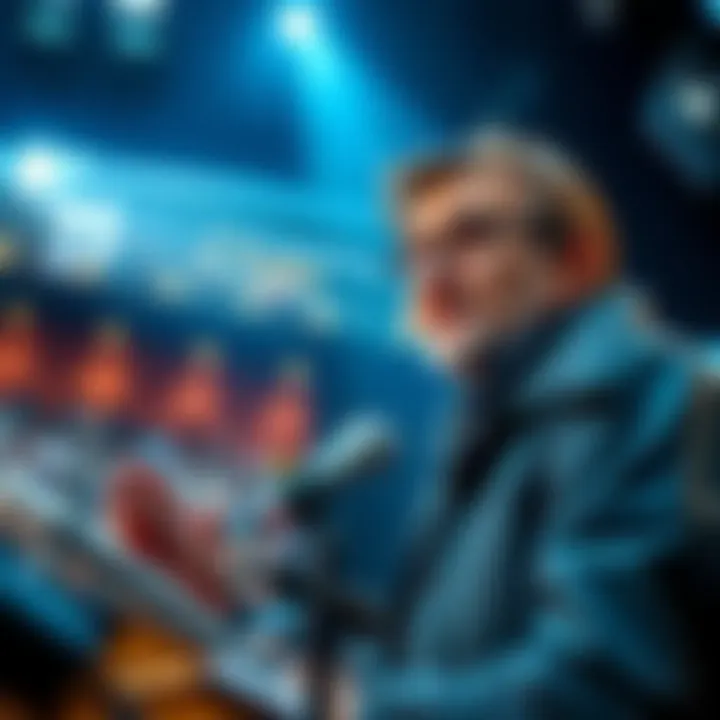 A time travel expert sharing his story to an audience, with a spotlight shining on him