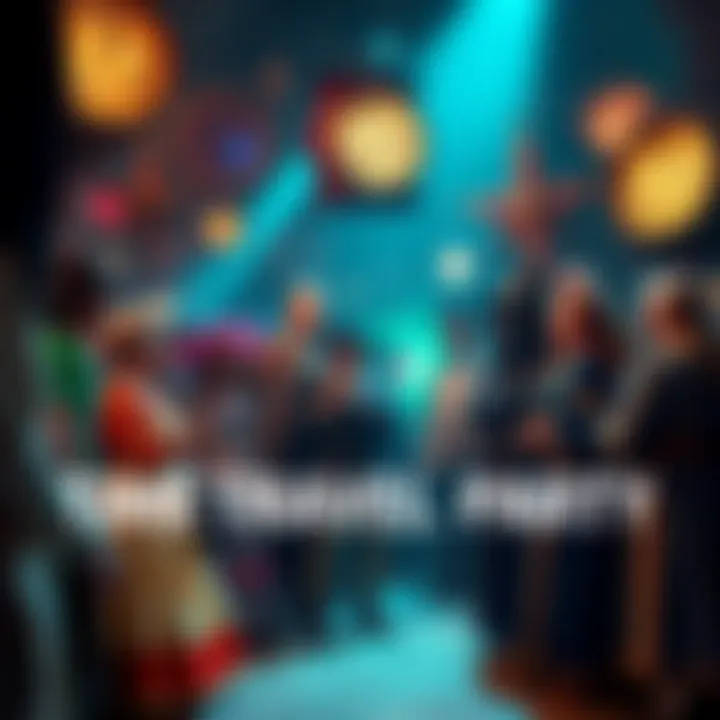 A vibrant party scene with people dressed in different historical costumes, celebrating time travel themes, with clocks and stars in the background.