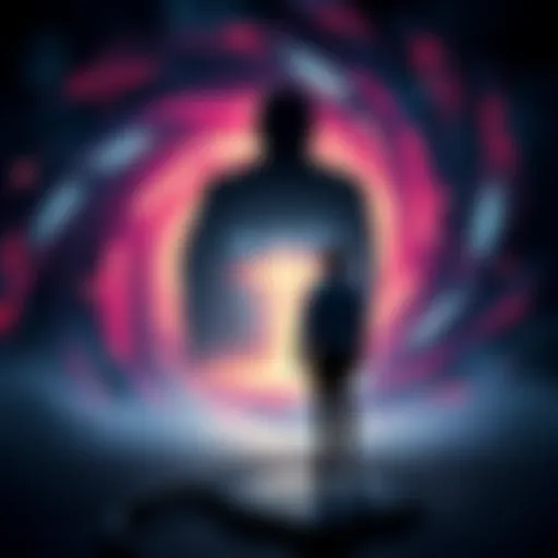 Time travel concept A person standing in front of a swirling portal representing time travel, with a shadowy figure of a grandfather in the background.