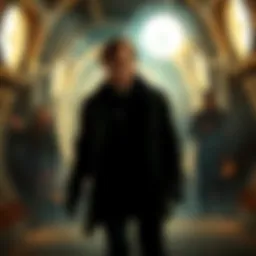 A moment showcasing a time-travel event with a character in a mysterious setting and swirling light effects