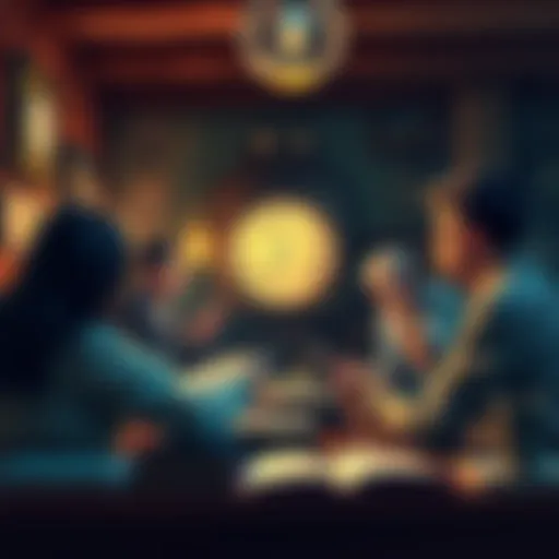 A group of people discussing time travel theories in a cozy setting with books and a clock in the background.