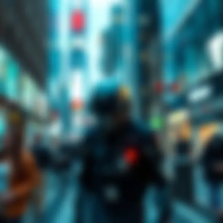 A blurry figure dressed in futuristic clothing appears in a busy city street, shocking onlookers around.