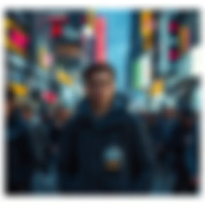 A person in modern clothes with a futuristic accessory, blending in with a crowd in a city street, symbolizing time travel.