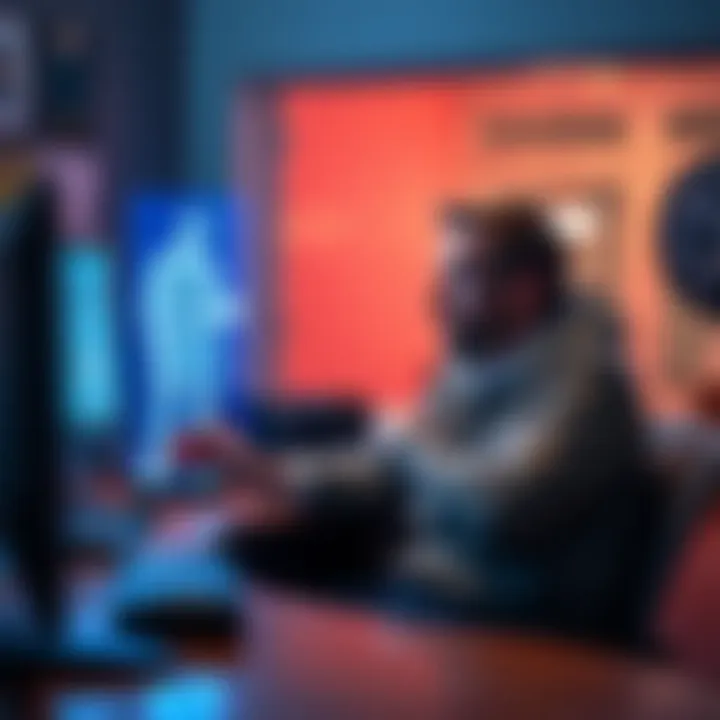 A person sitting at a desk looking surprised while using a futuristic device to communicate with a holographic figure of themselves from the future.