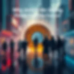 A futuristic city with people in advanced attire looking at a time portal