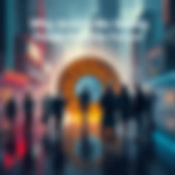 A futuristic city with people in advanced attire looking at a time portal