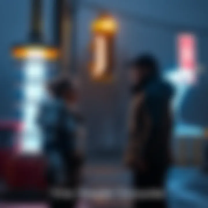 A person talking to a stranger dressed in futuristic clothing under a flickering streetlight, with a glowing Tesla coil in the background.