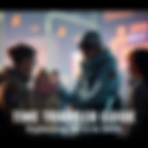 A person in futuristic clothing talks to a group of people from 2015 about upcoming world events and changes in technology.