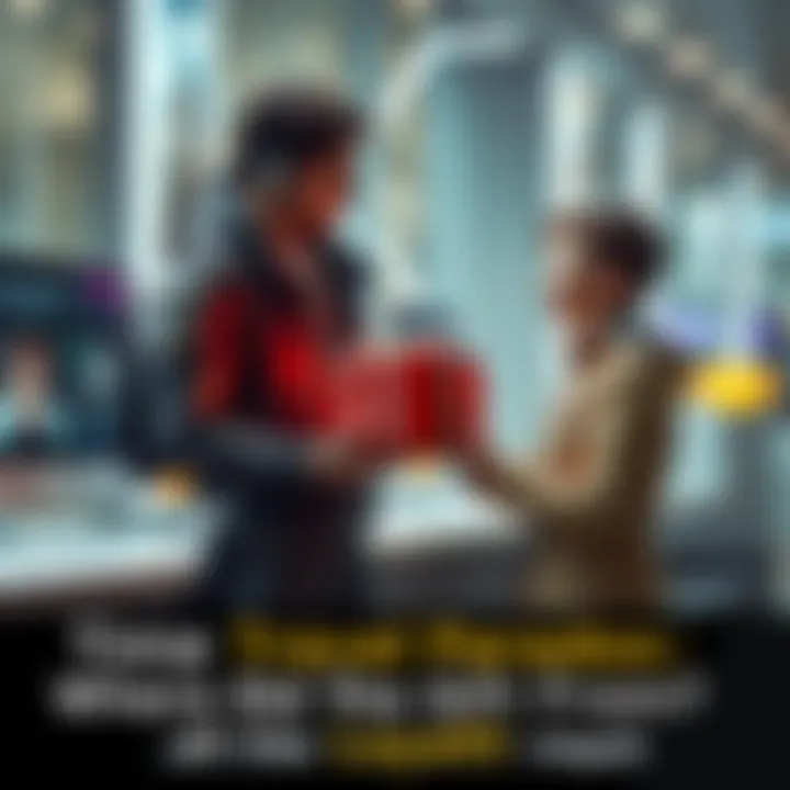 A person in futuristic clothes handing a wrapped present to their younger self in a modern setting, symbolizing time travel and gift origins.