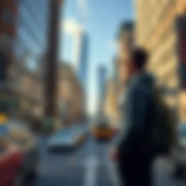 Time Traveler in New York City A time traveler stands on a busy street in New York City, looking up at the skyline with the Twin Towers in view, contemplating stopping the 9/11 attacks.